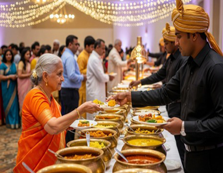 The table showcased a line of polished copper pots and the sophistication of the catering services.